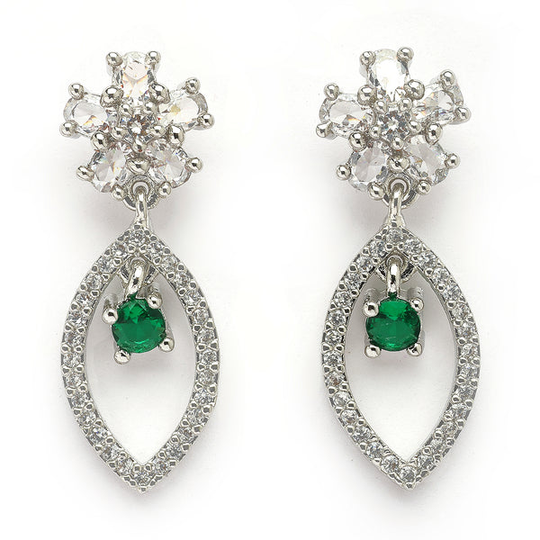Rhodium Plated Silver Toned Floral Leaf Shaped Green & White American Diamond Studded Drop Earrings