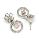 Rhodium Plated Silver Toned Floral Shaped Pink & White American Diamond Studded Drop Earrings