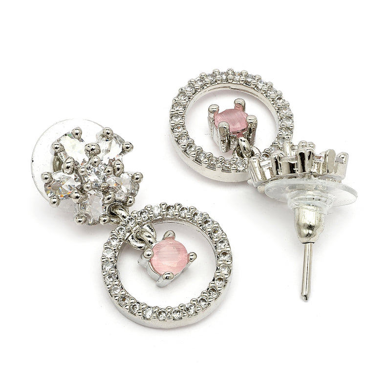 Rhodium Plated Silver Toned Floral Shaped Pink & White American Diamond Studded Drop Earrings