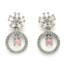 Rhodium Plated Silver Toned Floral Shaped Pink & White American Diamond Studded Drop Earrings
