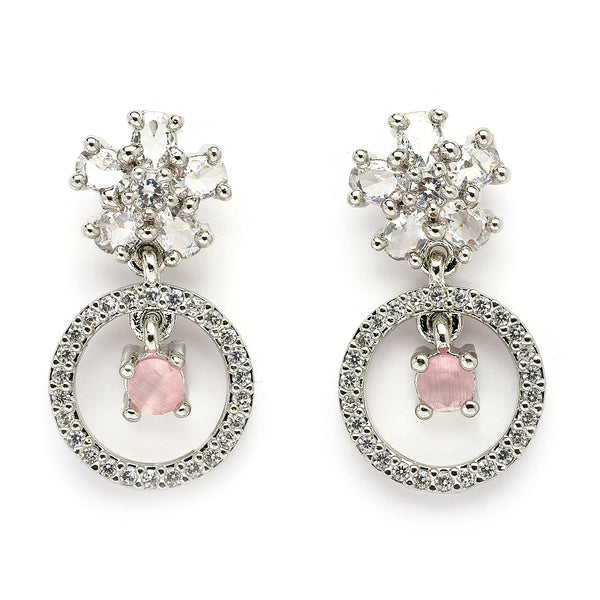Rhodium Plated Silver Toned Floral Shaped Pink & White American Diamond Studded Drop Earrings