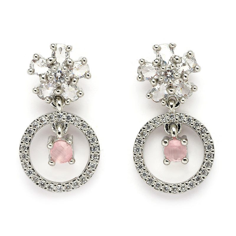 Rhodium Plated Silver Toned Floral Shaped Pink & White American Diamond Studded Drop Earrings