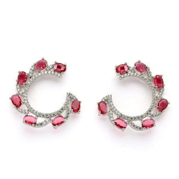Rhodium Plated Silver Toned Red & White American Diamond Embellished Earrings