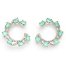 Rhodium Plated Silver Toned Sea Green & White American Diamond Embellished Earrings