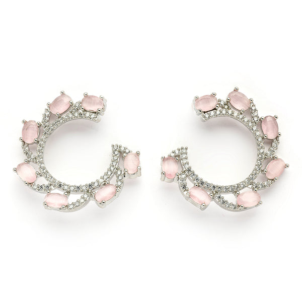 Rhodium Plated Silver Toned Pink & White American Diamond Embellished Earrings