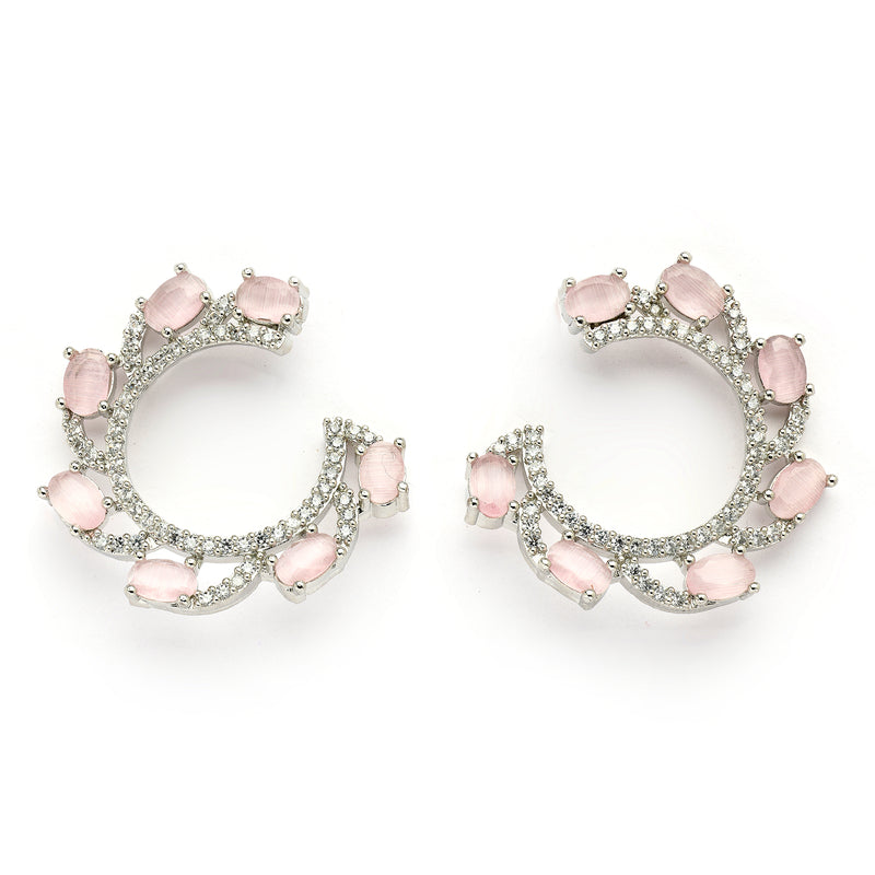Rhodium Plated Silver Toned Pink & White American Diamond Embellished Earrings