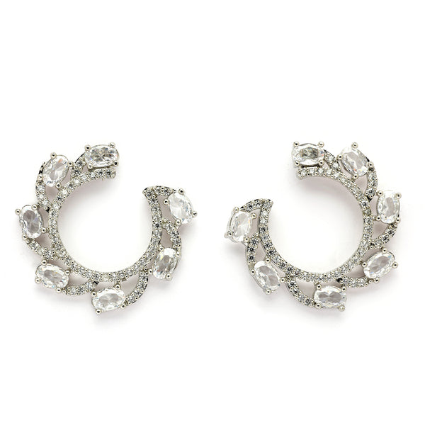 Rhodium Plated Silver Toned White American Diamond Embellished Earrings