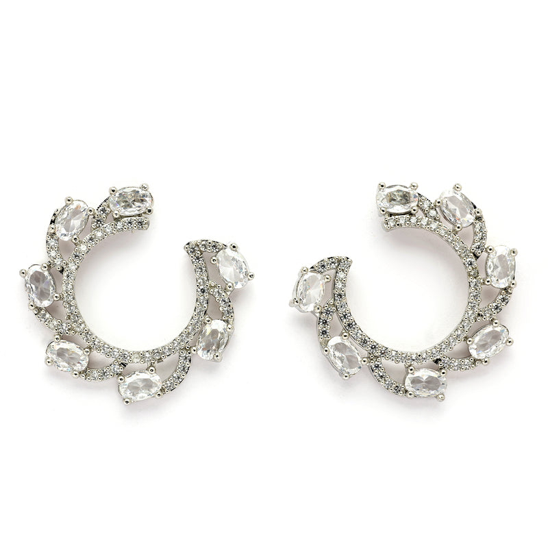 Rhodium Plated Silver Toned White American Diamond Embellished Earrings