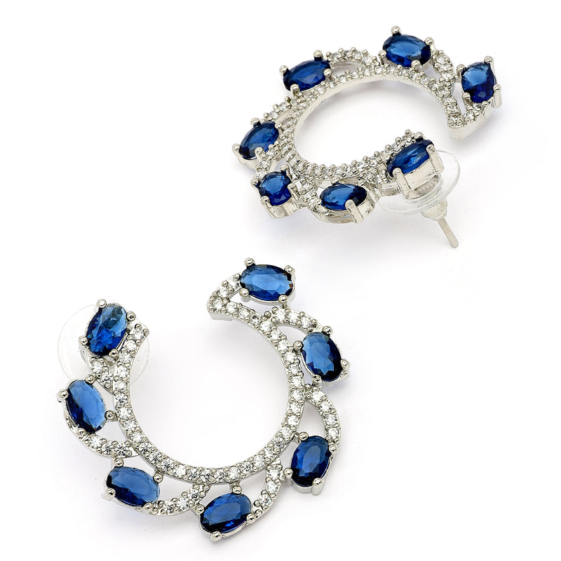 Rhodium Plated Silver Toned Navy Blue & White American Diamond Embellished Earrings