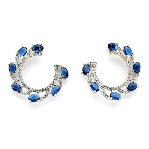 Rhodium Plated Silver Toned Navy Blue & White American Diamond Embellished Earrings