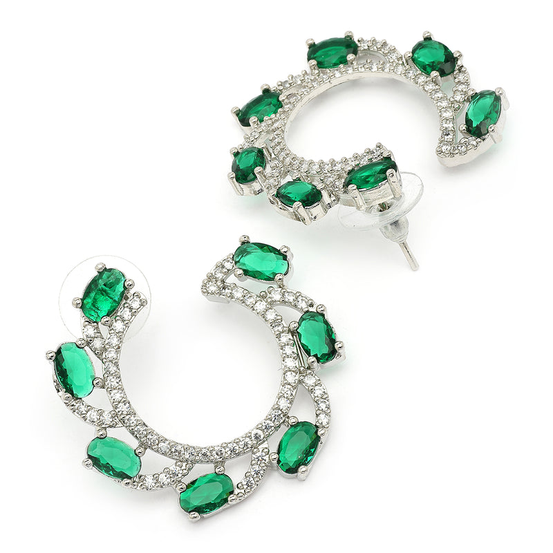 Rhodium Plated Silver Toned Green & White American Diamond Embellished Earrings