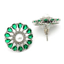 Rhodium Plated Silver Toned Floral Shaped Green & White American Diamond & Pearl Studded Stud Earrings
