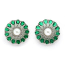 Rhodium Plated Silver Toned Floral Shaped Green & White American Diamond & Pearl Studded Stud Earrings
