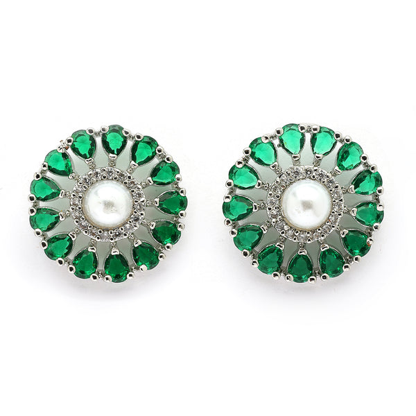 Rhodium Plated Silver Toned Floral Shaped Green & White American Diamond & Pearl Studded Stud Earrings