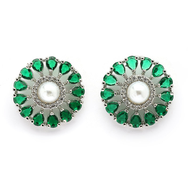 Rhodium Plated Silver Toned Floral Shaped Green & White American Diamond & Pearl Studded Stud Earrings