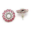 Rhodium Plated Silver Toned Floral Shaped Red & White American Diamond & Pearl Studded Stud Earrings
