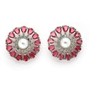 Rhodium Plated Silver Toned Floral Shaped Red & White American Diamond & Pearl Studded Stud Earrings