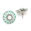 Rhodium Plated Silver Toned Floral Shaped Sea Green & White American Diamond & Pearl Studded Stud Earrings