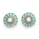 Rhodium Plated Silver Toned Floral Shaped Sea Green & White American Diamond & Pearl Studded Stud Earrings