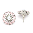 Rhodium Plated Silver Toned Floral Shaped Pink & White American Diamond & Pearl Studded Stud Earrings