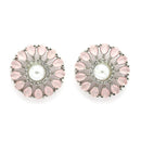 Rhodium Plated Silver Toned Floral Shaped Pink & White American Diamond & Pearl Studded Stud Earrings