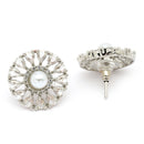 Rhodium Plated Silver Toned Floral Shaped White American Diamond & Pearl Studded Stud Earrings