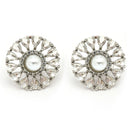 Rhodium Plated Silver Toned Floral Shaped White American Diamond & Pearl Studded Stud Earrings