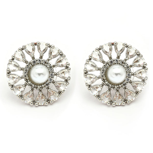 Rhodium Plated Silver Toned Floral Shaped White American Diamond & Pearl Studded Stud Earrings