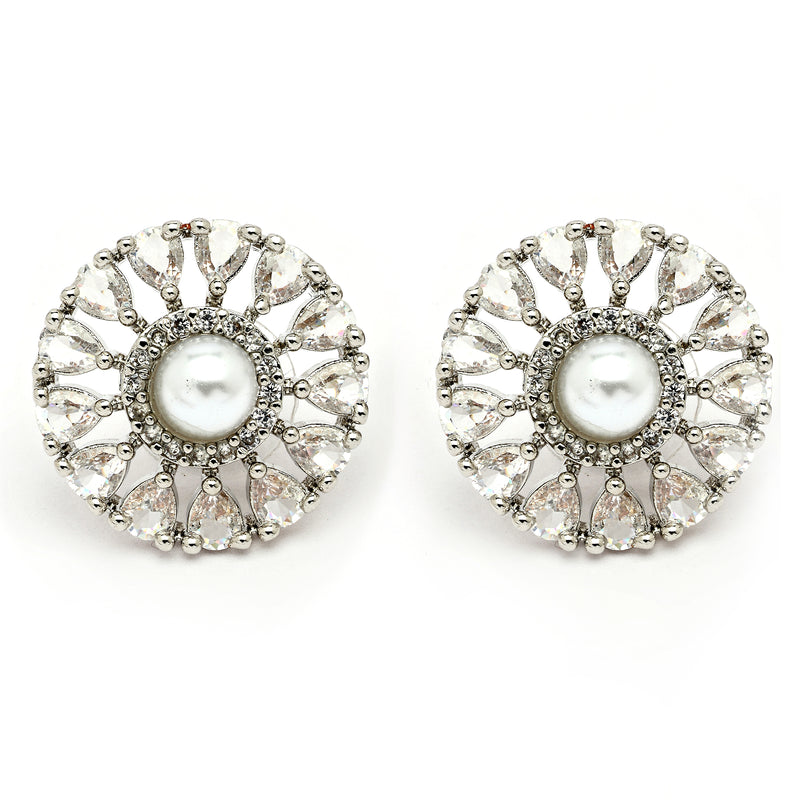 Rhodium Plated Silver Toned Floral Shaped White American Diamond & Pearl Studded Stud Earrings