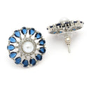 Rhodium Plated Silver Toned Floral Shaped Blue & White American Diamond & Pearl Studded Stud Earrings