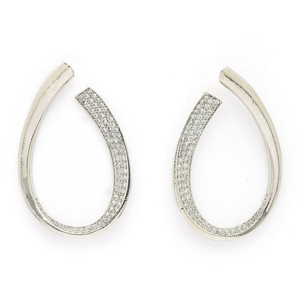 Rhodium Plated Silver Toned Teardrop Shaped White American Diamond Studded Earrings