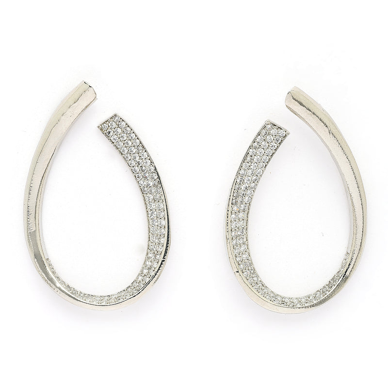 Rhodium Plated Silver Toned Teardrop Shaped White American Diamond Studded Earrings