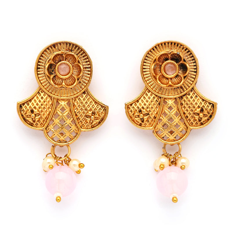 Traditional Gold Plated Floral Shaped  Pink Pearl Beaded Earrings