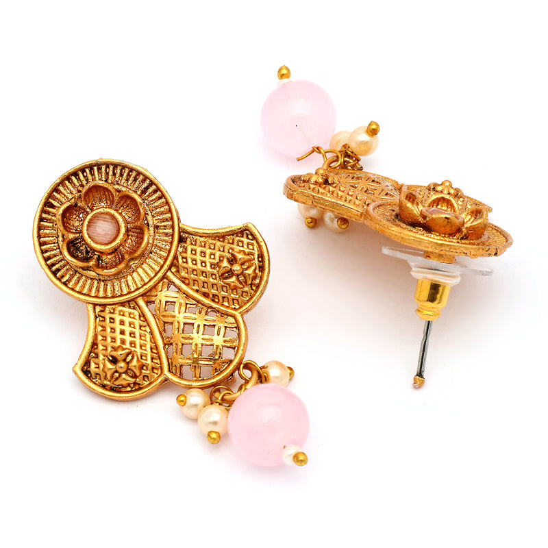 Traditional Gold Plated Floral Shaped  Pink Pearl Beaded Earrings