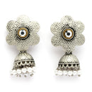 Oxidised Silver Toned Floral White Pearl Studded Jhumki Earrings