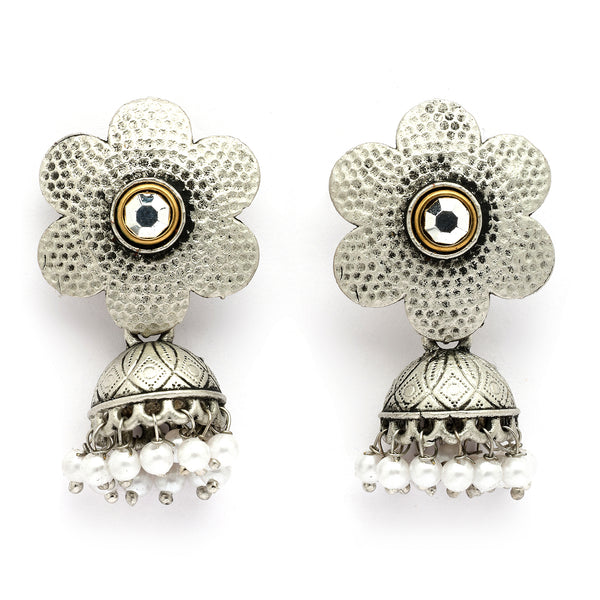 Oxidised Silver Toned Floral White Pearl Studded Jhumki Earrings