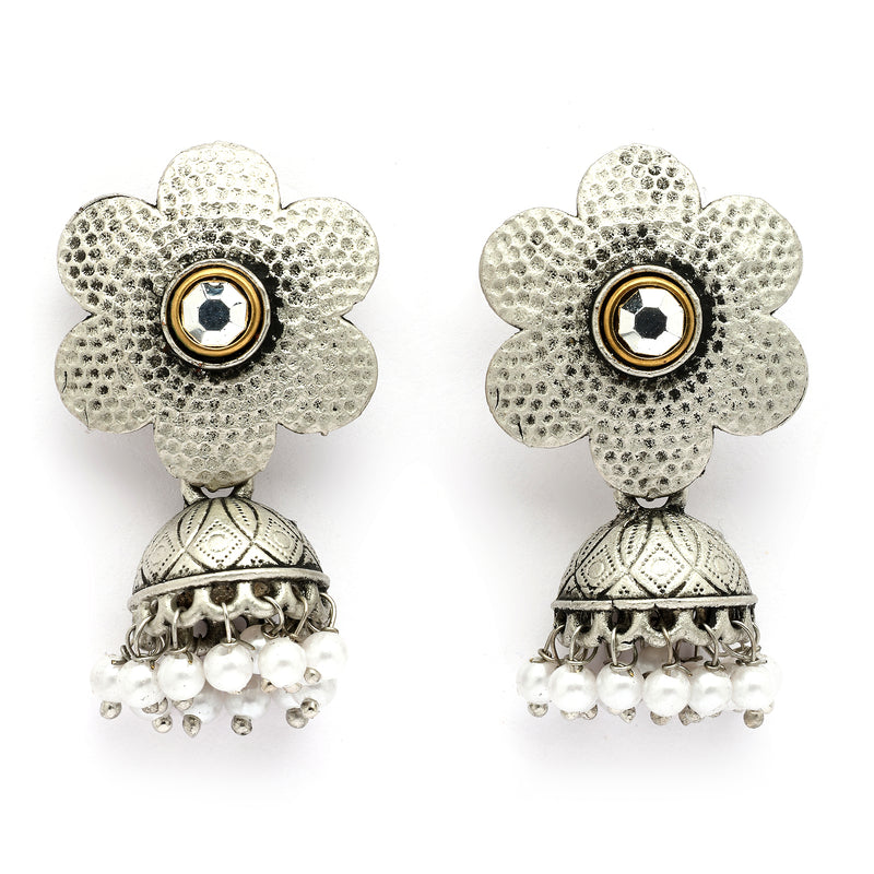 Oxidised Silver Toned Floral White Pearl Studded Jhumki Earrings