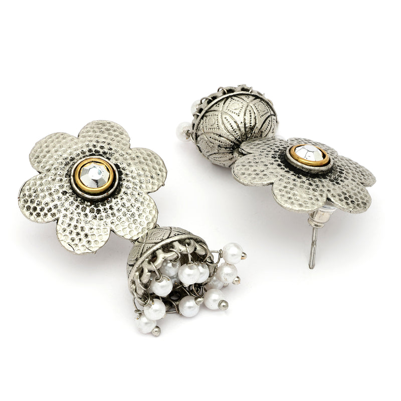 Oxidised Silver Toned Floral White Pearl Studded Jhumki Earrings