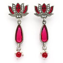 Oxidised Silver Toned Lotus Shaped Red CZ Studded Pearl Beaded Earrings