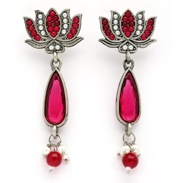 Oxidised Silver Toned Lotus Shaped Red CZ Studded Pearl Beaded Earrings