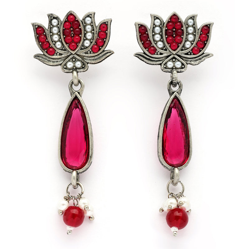 Oxidised Silver Toned Lotus Shaped Red CZ Studded Pearl Beaded Earrings