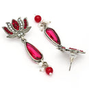 Oxidised Silver Toned Lotus Shaped Red CZ Studded Pearl Beaded Earrings