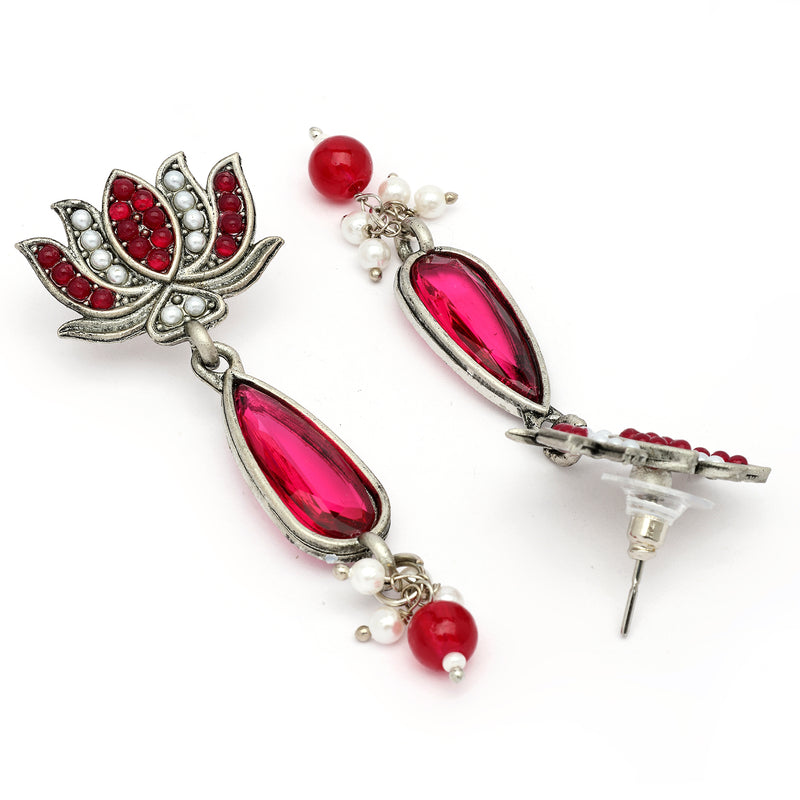 Oxidised Silver Toned Lotus Shaped Red CZ Studded Pearl Beaded Earrings