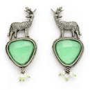 Oxidised Silver Toned Deer Shaped Mint Green CZ Stone Studded Pearl Beaded Earrings