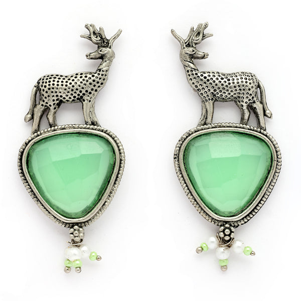 Oxidised Silver Toned Deer Shaped Mint Green CZ Stone Studded Pearl Beaded Earrings