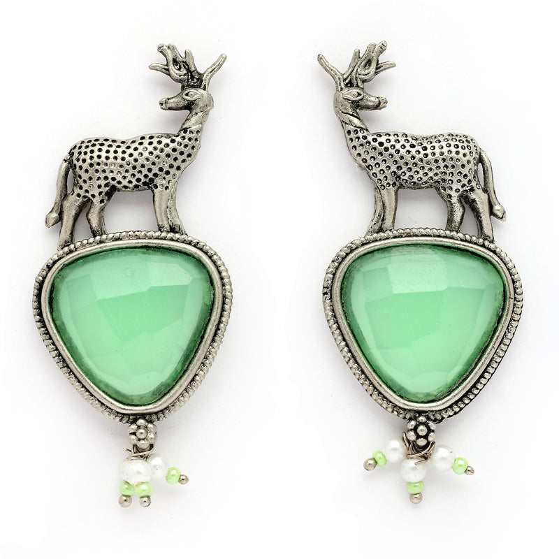 Oxidised Silver Toned Deer Shaped Mint Green CZ Stone Studded Pearl Beaded Earrings