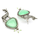 Oxidised Silver Toned Deer Shaped Mint Green CZ Stone Studded Pearl Beaded Earrings