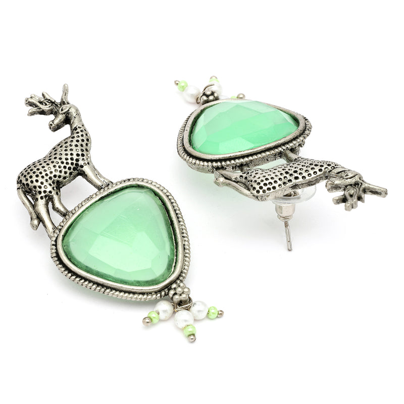 Oxidised Silver Toned Deer Shaped Mint Green CZ Stone Studded Pearl Beaded Earrings