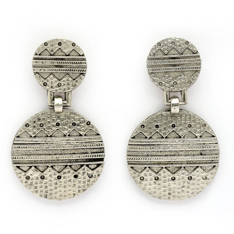 Oxidised Unique Quirky Engraved Design Tribal Style Drop Earrings