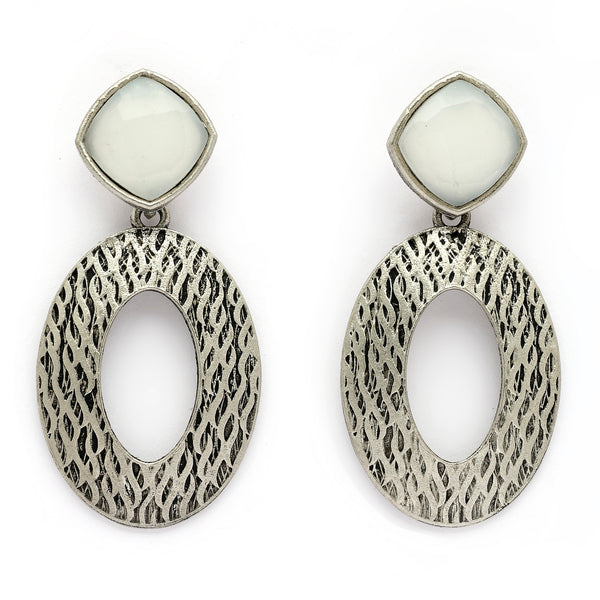 Oxidized Silver Toned Oval Shaped Gray Cubic Zirconia Studded Earrings